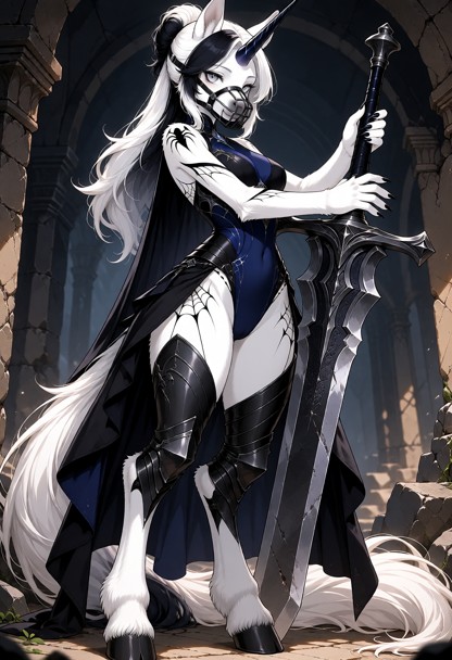 A highly detailed cinematic fantasy illustration of Lunar Widow, an adult female bipedal anthropomorphic unicorn mare…
