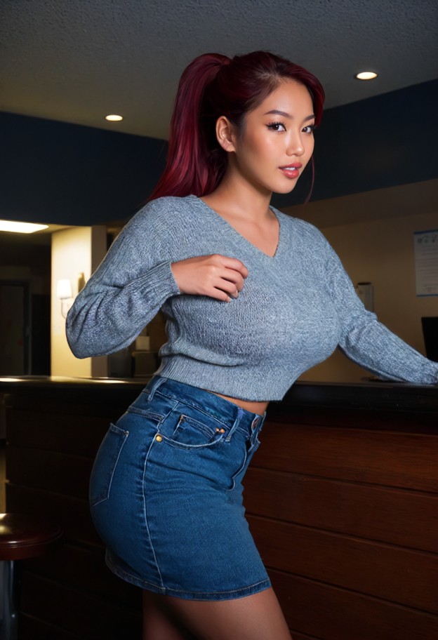 su young is leaning forward over the reception desk,wearing grey cotton sweater and dark navy blue denim skirt,inside…