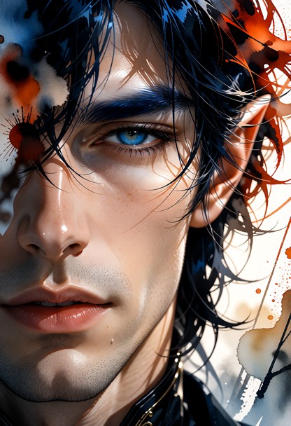 This is watercolor image depicting a man's face, rendered in a free and expressive style. The composition is a close-…