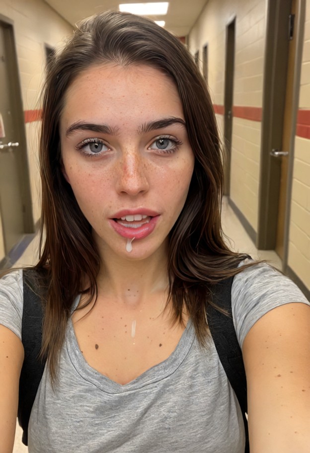 she is standing in a campus hallway with semen on her face,biting her lower lip,white t-shirt,blue denim slim jeans,c…