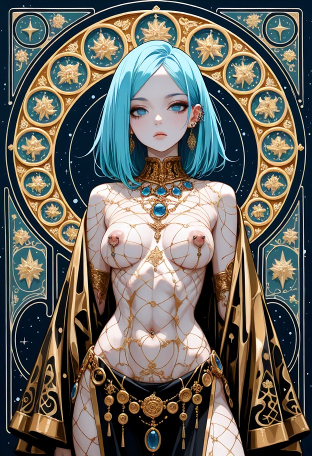 ,portrait of a 1 girl,kawaii style,standing figure in an ornate art-nouveau / gustav klimt–inspired mosaic style,fron…