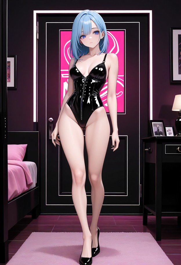 1girl standing,dimly lit bedroom,pink silksheets,black latex corset,black thigh-highstockings,black high heels,lickin…
