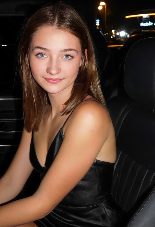 she is,sitting in passenger seat,leaning head on chest,smiling,black silk slip dress,interior of luxury car,leather s…
