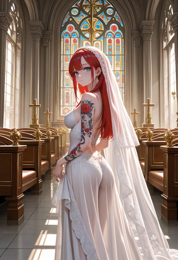 1woman,standing,white lace wedding dress,red lace guêpière,church,golden cross,altar,white marble floor,stained glass…