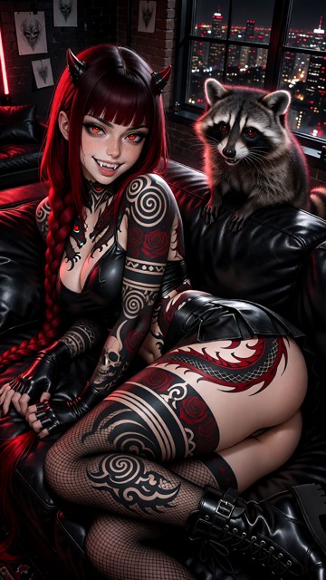 Reese Monroe is one 21-year-old adult demon woman with very fair skin and dense natural freckles across her nose, che…