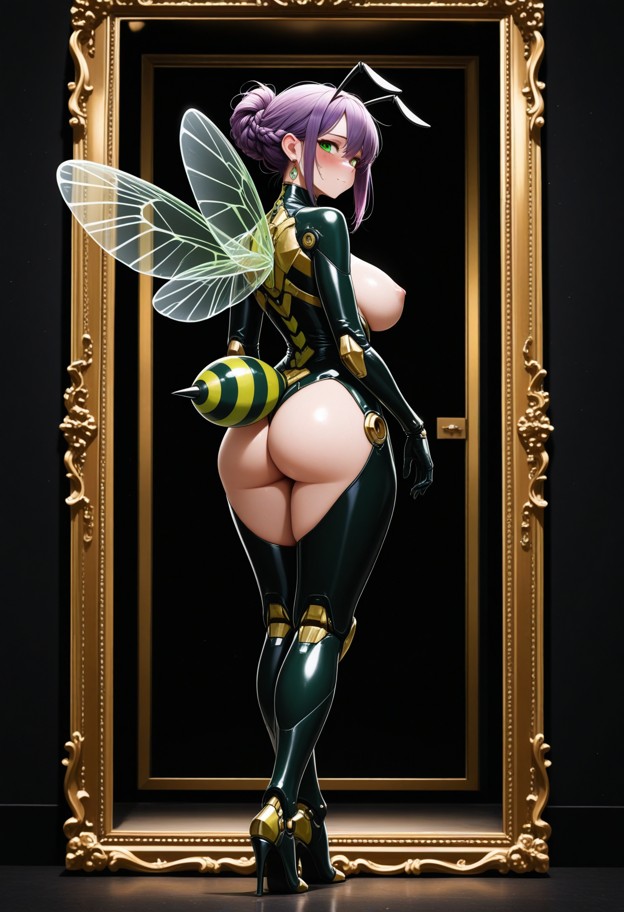 full-body shot of a female bee-humanoid hybrid standing in a sun-drenched field. her torso is covered in a segmented,…