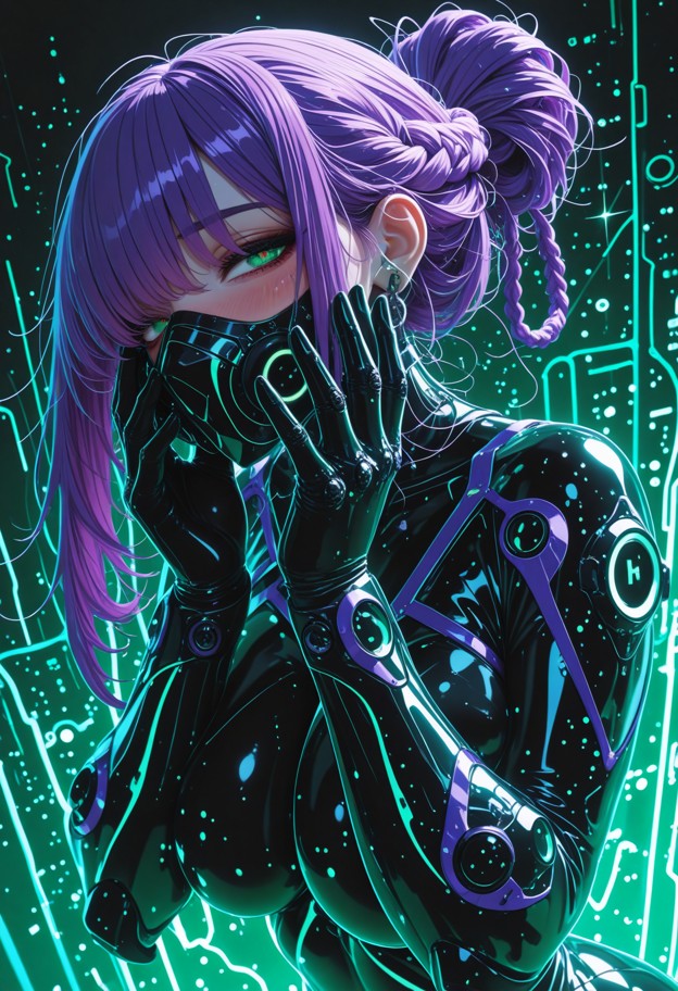 close-up of a female humanoid whose entire body is covered in overlapping,iridescent black chitin plates. the surface…