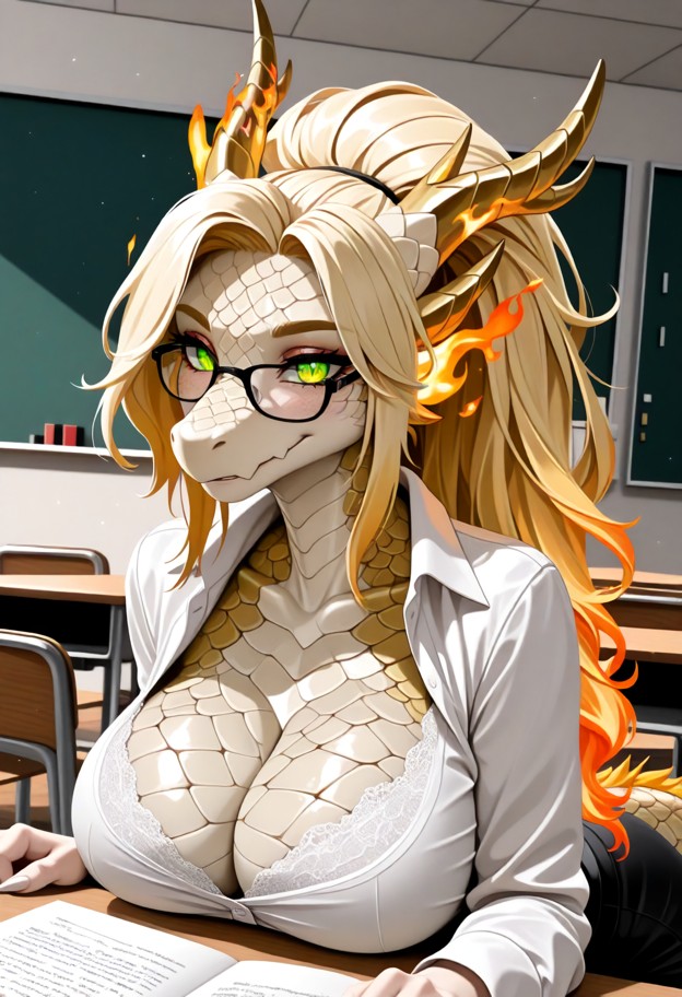 teacher_outfit,sexy_teacher,office_skirt,white_blouse,glasses,classroom,school_room,desk,full-body view,head-to-toe c…