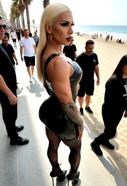 She's a powerfull trans shemale. She's wearing a tight black latex dress, mesh stockings and tower heels. She stands …