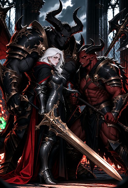 At the center stands Pride, an enormous black-skinned demon with a gigantic, heavily muscular body, massive curved ho…
