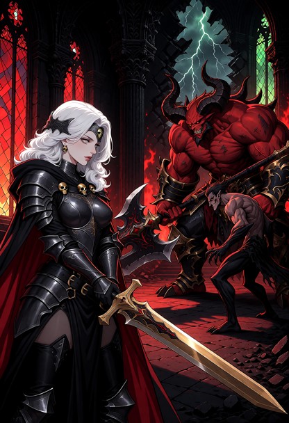 Lady Death is a striking adult woman wearing elegant dark metallic gunmetal armor with a subtle charcoal sheen. She w…