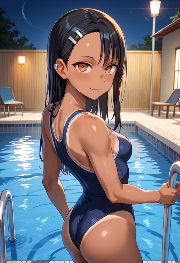 she is is swimming in the pool,black one-piece school swimsuit,indoor school swimming pool,blue water,white tiled wal…