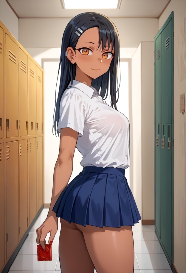 she is standing in a school hallway holding a candy wrapper,white shirt,blue skirt,school hallway,lockers,tiled floor…