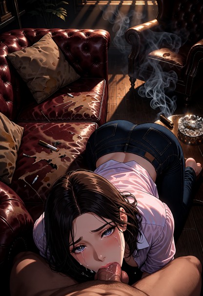 Location: a dim, smoke-filled office with dark hardwood floors and a heavy leather armchair; moody amber light filter…