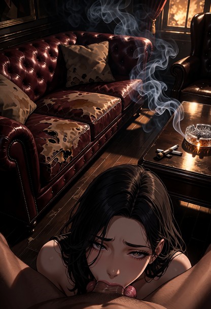 Location: a dim, smoke-filled office with dark hardwood floors and a heavy leather armchair; moody amber light filter…
