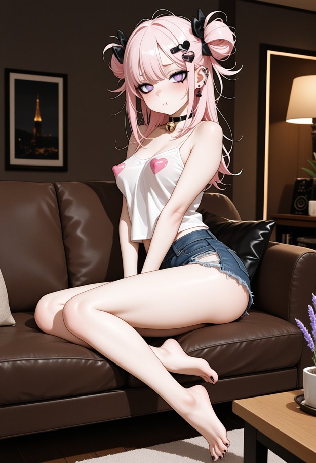 she is sitting on a couch with arms crossed,white silk camisole,blue denim shorts,living room,brown leather couch,woo…
