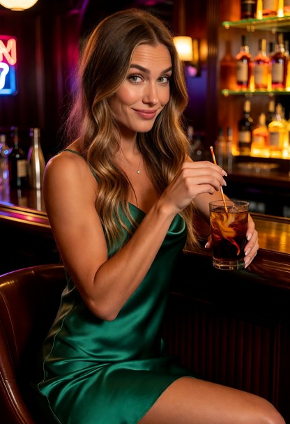Location: a dimly lit, atmospheric bar at midnight with polished mahogany surfaces, glowing amber bottles on glass sh…