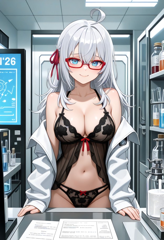 open chemist's coat,no bra,sexy black lingerie panties,white laboratory,chemical reaction,do an experiment,safety gla…