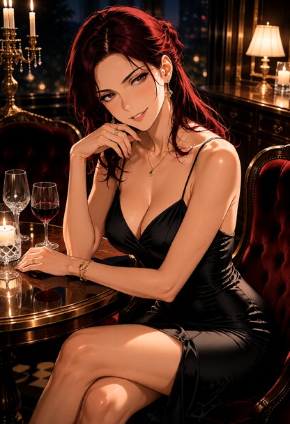 Location: evening in a dimly lit, upscale lounge with soft amber candlelight reflecting off polished mahogany surface…