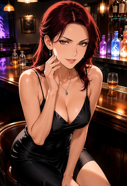Location: dim, atmospheric bar with polished dark wood surfaces, amber-tinted accent lights, and the soft glow of spi…