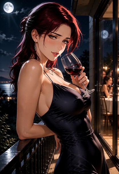 Location: late evening on a dark balcony under the soft, silvery glow of the moonlight, with the distant, blurred lig…