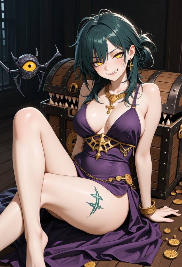 she is sitting cross-legged on the floor with a mischievous grin and head tilted,silk purple dress,gold jewelry,livin…