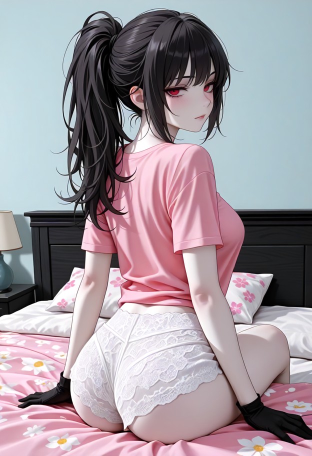 1girl sitting on man’s lap,pastel pink oversized t-shirt,white lace shorts,girl is kneading his shoulders,bedroom,mes…