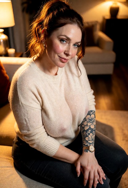 Location: cozy living room during a quiet evening, warm amber light from a nearby lamp casting soft glows and long sh…