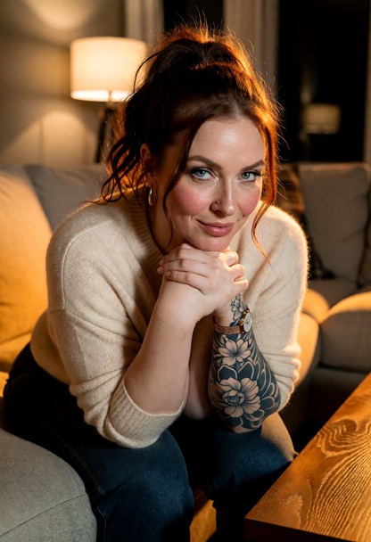 Location: cozy living room during a quiet evening, with warm amber light from a nearby floor lamp casting long shadow…