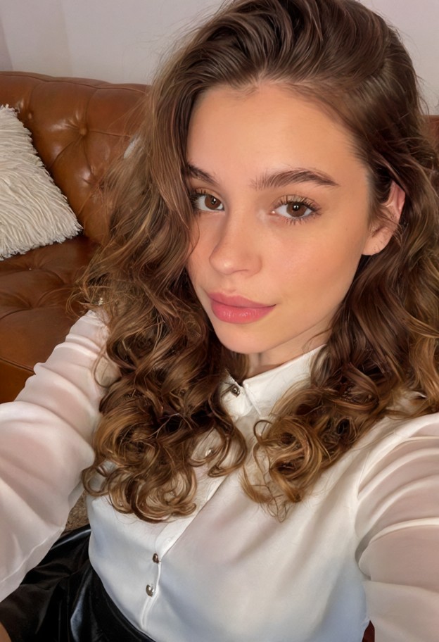 she is sitting on a brown leather couch,white silk blouse,black skirt,living room,selfie closeup,soft ambient lightin…