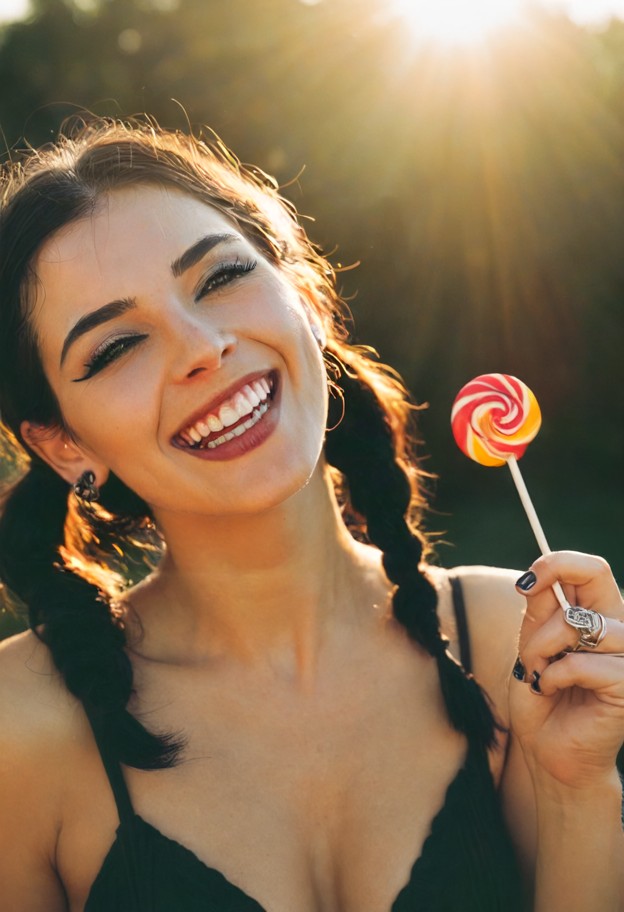 1970s vintage polaroid style,candid medium close-up of a sun-kissed woman laughing,holding a swirl lollipop. golden h…