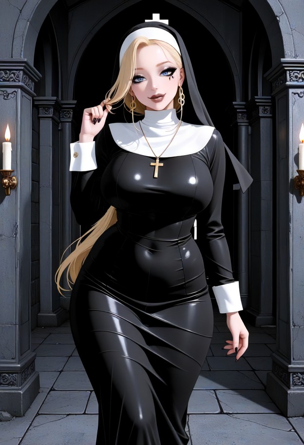twirling and smiling,tight black and white nun dress,heavy makeup,empty church,wooden pews,stone walls,dim candleligh…