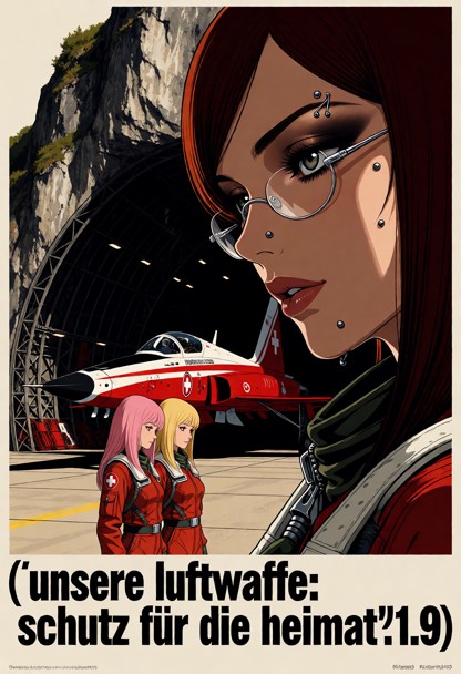 a 1970s vintage swiss military recruitment poster. two female pilots stand in the foreground wearing red flight suits…