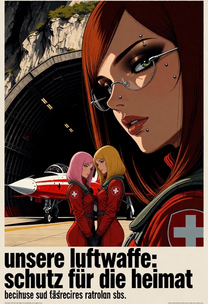a 1970s vintage swiss military recruitment poster. two female pilots stand in the foreground wearing red flight suits…