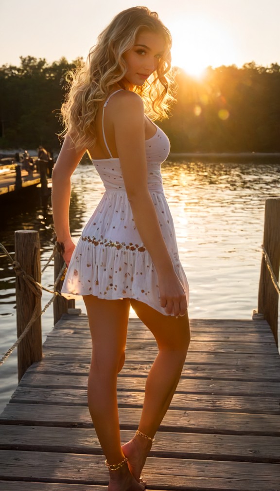 maddie,a young woman with sun-kissed skin and loose beachy waves,wearing a light sundress,stepping onto a wooden dock…