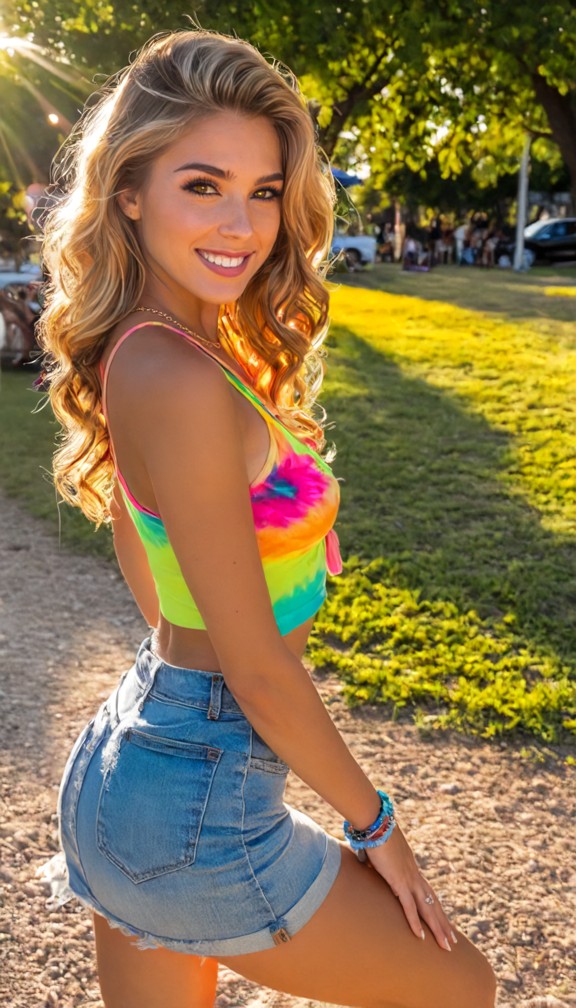 maddie in a colorful tie-dye tank top and light denim skirt,friendship bracelets,playful energetic pose at an outdoor…