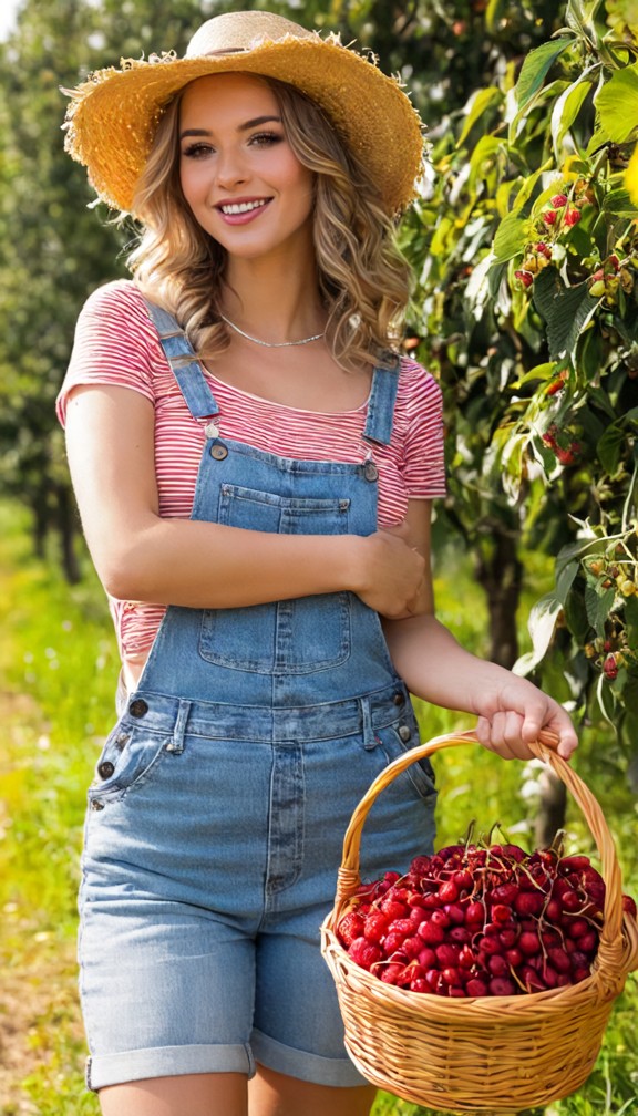 maddie in light denim overalls over a striped tee,straw hat,holding a basket of fresh berries,sunny orchard backdrop,…