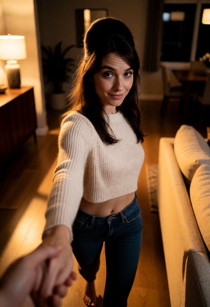 Location: evening inside a dimly lit living room with warm amber light from a side lamp casting long, soft shadows ac…