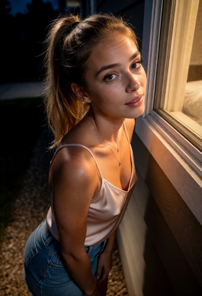 Location: late night outside a residential building, with dim moonlight and the warm, amber glow from the bedroom win…