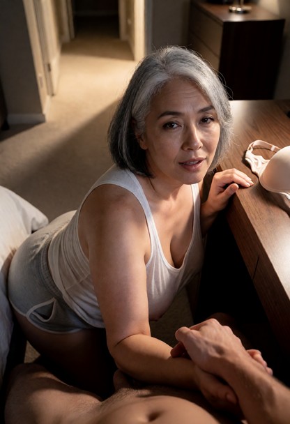 Location: evening in a bedroom with a wooden desk and soft ambient light from the hallway casting long, heavy shadows…