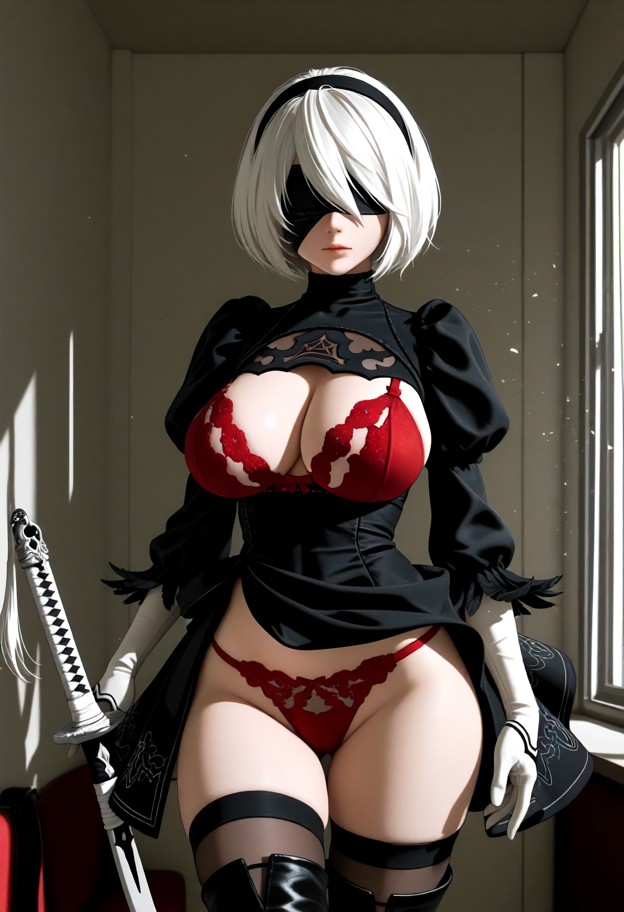 2b stands still in a dimly lit room,solo,crimson red lace bra,crimson red lace panties,quiet room,soft shadows,medium…