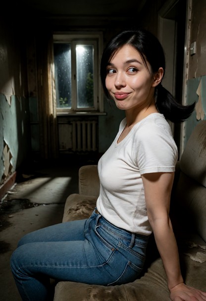 Location: dim and shadowy apartment entrance hall with peeling wallpaper and damp concrete floors, illuminated only b…