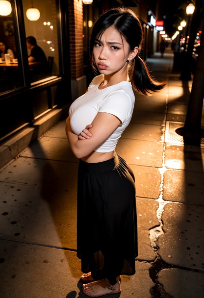Location: a dimly lit city sidewalk at night, where the warm glow from restaurant windows and street lamps casts long…