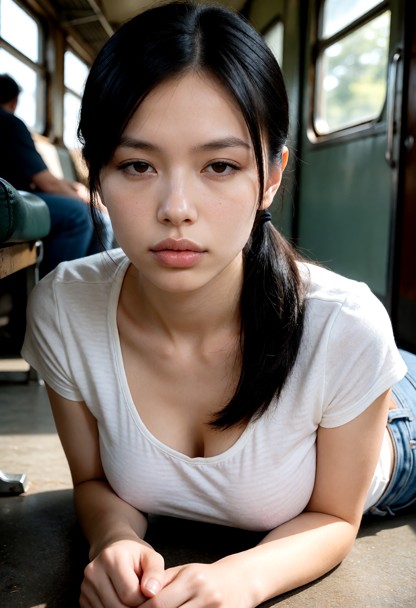 clara is sleeping lying on the ground, white cotton top, blue denim jeans, inside a moving train carriage, sunlight f…