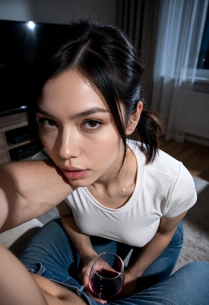 Location: dim living room during late evening, with soft shadows stretching across the wooden floor and faint moonlig…