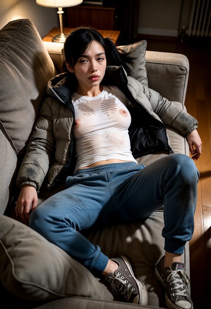Location: a cozy, dimly lit living room with soft shadows stretching across the floorboards, where the warm glow from…