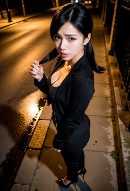 Location: a dimly lit street corner at night with soft amber glow from distant streetlamps casting long shadows on th…