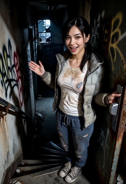 Location: a dimly lit, derelict hallway of an abandoned building in Chinatown, where faint moonlight filters through …