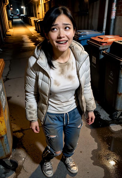 Location: dim urban alleyway at night with flickering streetlights casting long shadows over damp pavement and rusted…