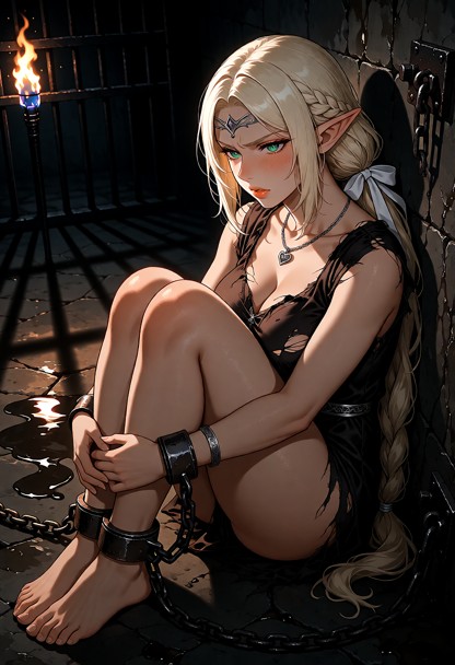 Location: a dim, damp prison cell with cold stone walls, heavy iron shackles bolted to the masonry, and a single flic…